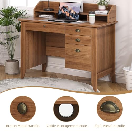4 EVER WINNER Wooden Desk with Drawers, Small Desk with Monitor Stand and File Drawe, Writing Desk with Drawers for Bedroom Small Spaces, Walnut - color: Walnut