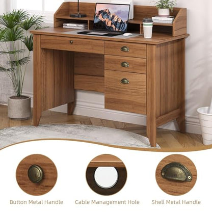 4 EVER WINNER Wooden Desk with Drawers, Small Desk with Monitor Stand and File Drawe, Writing Desk with Drawers for Bedroom Small Spaces, Walnut - color: Walnut
