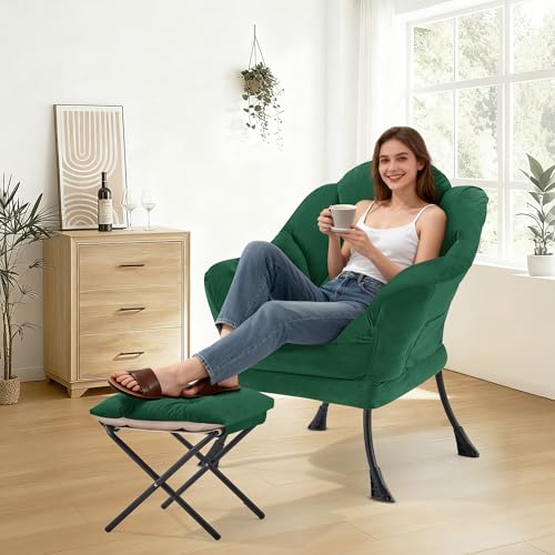 Lazy Chair with Ottoman, Modern Accent Lounge Chair with Side Pocket and Armrests, Cozy Reading Armchair with Footrest, Upholstered Sofa Chair for Small Spaces, Bedroom Living Room, Green - color: Green