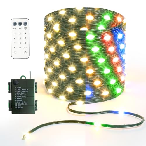33ft Battery Operated String Lights, 100 LED Warm White & Multicolor Fairy String Lights Battery Powered w/Remote & Timer for Indoor Outdoor Christmas Trees Decoration Bedroom Patio - color: Green Wire - Dual Colors