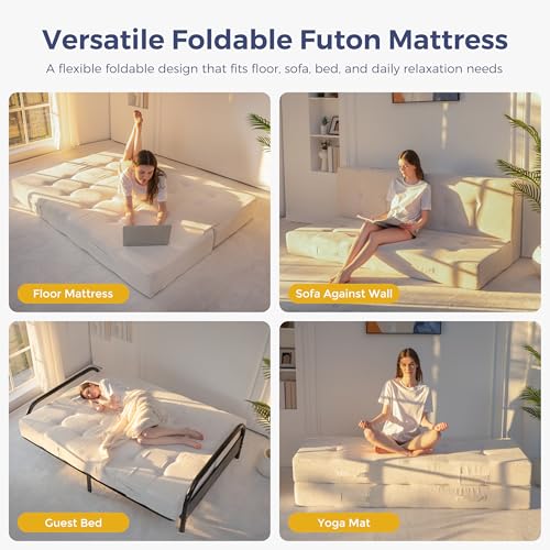 MAXYOYO Foldable Mattress, 8-Inch Tufted Futon Mattress with Handles | Tufted Floor Sofa Bed and Versatile Mattress, Carry Handles for Living Rooms or Guest Rooms, Frame Not Included, Beige - color: Beige