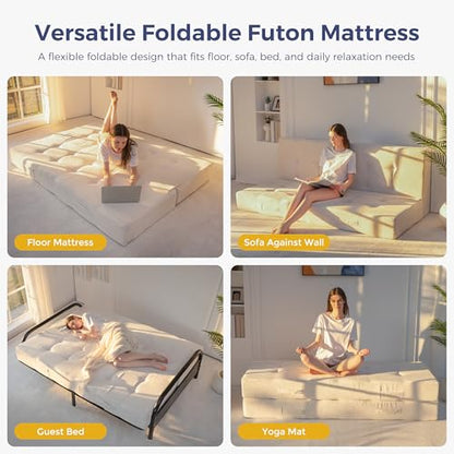 MAXYOYO Foldable Mattress, 8-Inch Tufted Futon Mattress with Handles | Tufted Floor Sofa Bed and Versatile Mattress, Carry Handles for Living Rooms or Guest Rooms, Frame Not Included, Beige - color: Beige