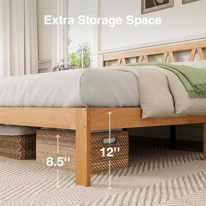 Novilla 12 Inch Queen Bed Frame with Headboard Bed Frame Queen Size Solid Wooden Bed Frame Foundation with Wood Slat Support, No Box Spring Needed, Easy Assembly, Natural Grain Wood