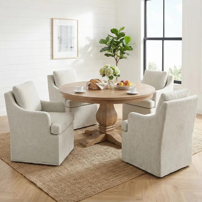 VKNOW Upholstered Dining Chairs Set of 6, Dining Room Chairs with Casters | Modern Rolling Dining Chairs with Armrest, Soft Chenille Fabric, Washable Cover, Easy Assembly, Living Room, Bedroom, Cream - color: Cream, size: 6