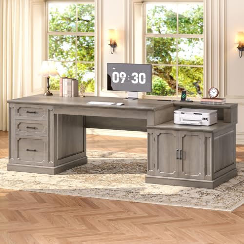 SEDETA Farmhouse 70.9" Executive Desk, Home Office Desk with File Drawers and Storage Cabinet, Computer Desk with Power Outlet for Home Office, Work Study Writing, Gray - color: Grey, size: 70.9" Executive Desk