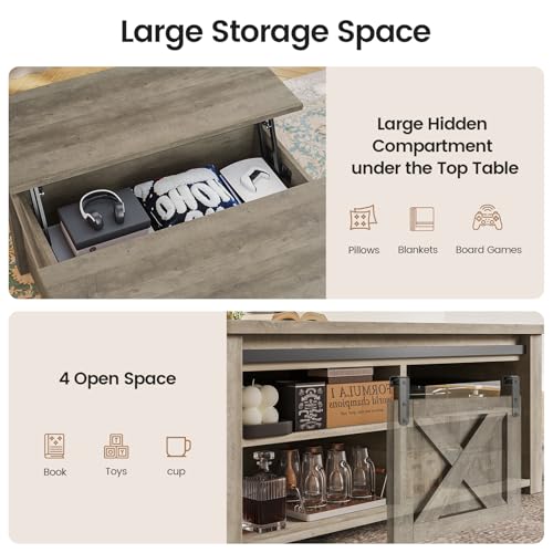 SEDETA 31.5" Lift Top Coffee Table with Storage, Square Coffee Tables for Living Room, Farmhouse Coffee Table with Large Hidden Storage Compartment and Adjustable Shelves, Grey - color: Grey