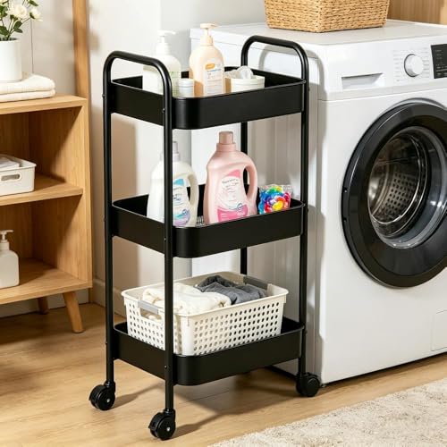 Multifunctional Rolling Utility Cart, 3-Tier Wheeled Storage Organizer with Brakes, Portable Shelving Unit for Home & Office Black