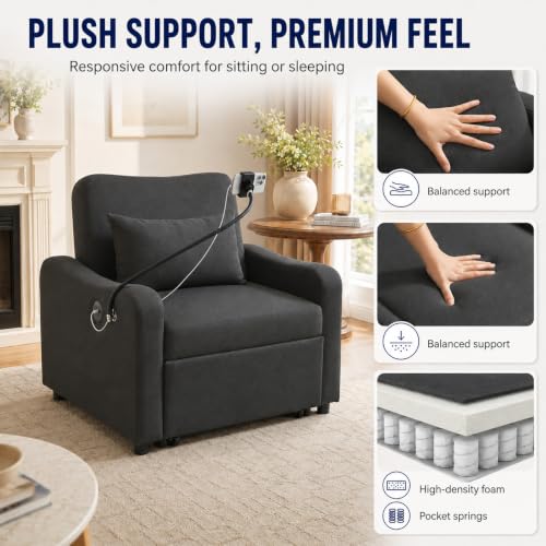 Majnesvon Convertible Chair Bed 3 in 1, Sofa Bed Chair (Black-1) | with Adjustable Backrest & Charging Station, Small Space One Person Couch for Apartment, Office, Living Room, Bedroom - color: Black-1