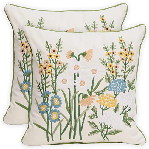 Set of 2 Embroidered Decorative Throw Pillow Covers Couch Square Pillowcases Cushion for Bedroom Sofa Farmhouse Decor 18x18 Inch (Yellow Daisy) - color: Yellow Daisy