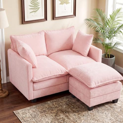 50" Love Seat with Ottoman, Small L Shape Cloud Sofa Couch, 2-Layer Cushion & 27" Deep Seat, 2 Pillows for Small Spaces, Bedroom, Apartment, Office, Living Room, Pink - color: Pink, size: Loveseat with Ottoman