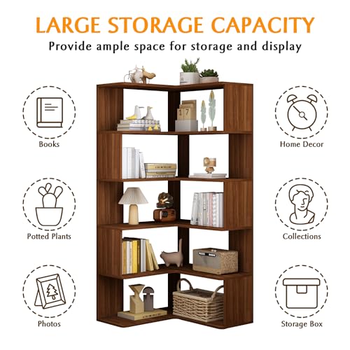 IOTXY 6-Tier L-Shaped Corner Bookshelf - 66" Tall Wooden Freestanding Bookcase with Open Shelf Units, Walnut - color: Walnut
