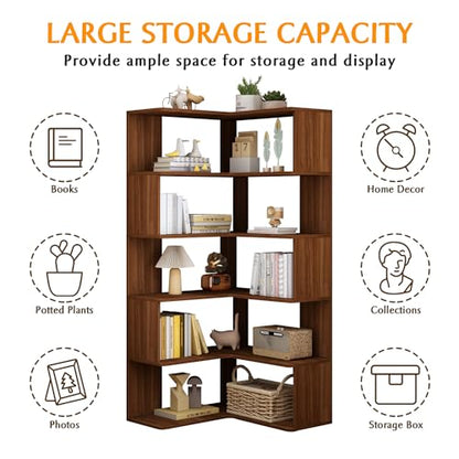 IOTXY 6-Tier L-Shaped Corner Bookshelf - 66" Tall Wooden Freestanding Bookcase with Open Shelf Units, Walnut - color: Walnut