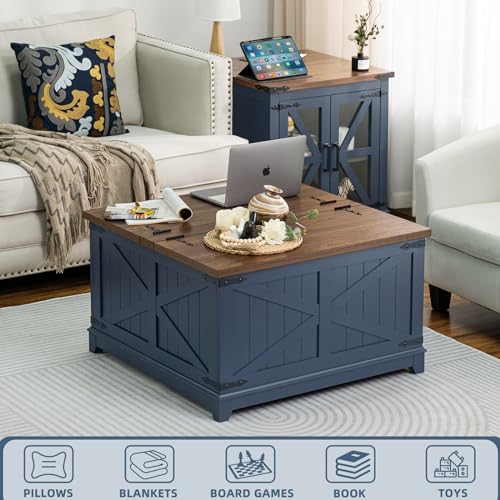 Joaxswe Farmhouse Coffee Table with Hidden Storage Organizer, Modern Square Large Center Table, Wood Farm House Low Navy Blue Living Room Tables with Hinged Lift Top for Home, Office - color: Blue, style: With Legs