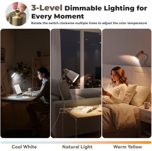 Desk lamp Eye-Caring Table Lamps, 360°Rotation Gooseneck Clip on Lamp Reading Light, Portable Reading Book Light, Clamp Light, Study Desk Lamps for Bedroom and Office Home Lighting (Black and White) - color: White and Gold