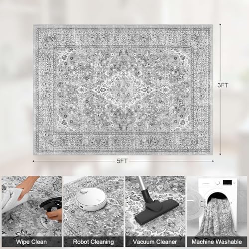 Grey Washable Boho Area Rug for Bedroom, 3x5 Vintage Floral Non Slip Rugs, Soft Low Pile Indoor Mat, Aesthetic Pattern Carpet for Living Room, Kitchen, Dining Room and Bedside - color: Grey, size: 3' x 5' (Rectangular)