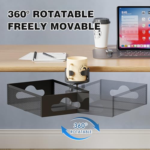 Cup Holder Under Desk Drawer 360° Swivel C-clamp Mounting Mesh Storage Box Spill-proof Easy Install Table Management Tray