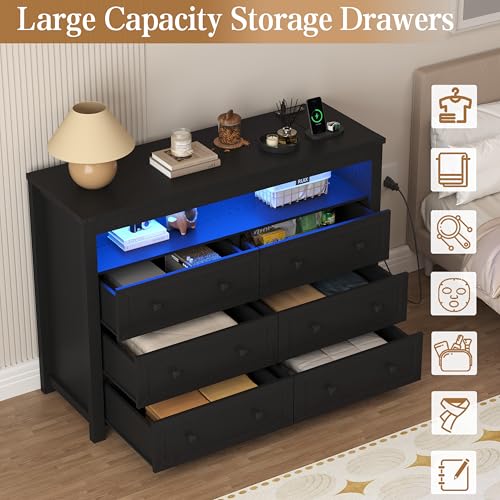 Black Dresser 6 Drawer Dressers for Bedroom with LED Lights, Charging Station, Wood Chest of Drawers with Metal Handles, Modern TV Stand Storage Cabinet for Living Room, Hallway, Entryway - color: Black, style: LED 6 Drawers