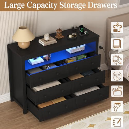 Black Dresser 6 Drawer Dressers for Bedroom with LED Lights, Charging Station, Wood Chest of Drawers with Metal Handles, Modern TV Stand Storage Cabinet for Living Room, Hallway, Entryway - color: Black, style: LED 6 Drawers
