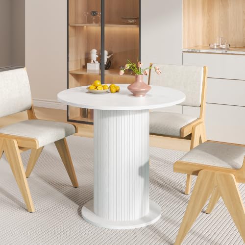 31.5 inch Round Dining Table for 2, Modern Farmhouse Kitchen Table | Small Circle Dining Tables with Wood Strip Base for Kitchen Living Room - color: White