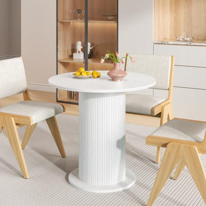 31.5 inch Round Dining Table for 2, Modern Farmhouse Kitchen Table | Small Circle Dining Tables with Wood Strip Base for Kitchen Living Room - color: White