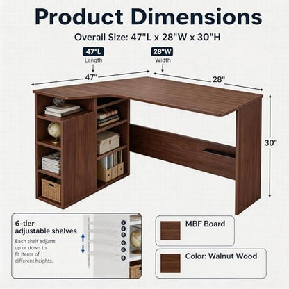 GAOMON L Shaped Office Desk with Storage Shelves, Small Corner Computer Desk for Home Office, Bedroom or Study, Space Saving Writing Workstation, Wood Desk with Side Cabinet, Brown
