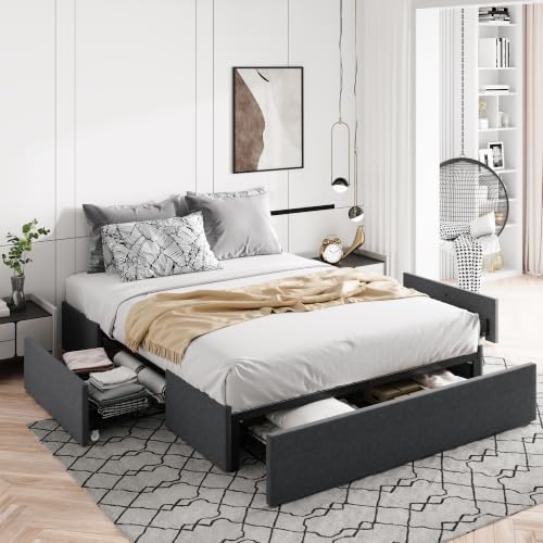 Allewie Queen Size Platform Storage Bed Frame with 3 Drawers, Dark Grey | Fabric Upholstered, Metal Slats Support, No Box Spring Needed, Noise Free, Easy Assembly - color: Grey Fabric, size: Queen (U.S. Standard)