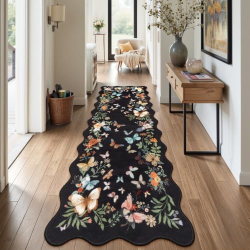 Washable Butterfly Scalloped Runner Rug, 2.6x8 Black Rug Runners for Hallways Soft Non-Slip 8ft Entryway Runner Rug, Ultra Thin Boho Floral Throw Carpet for Bathroom Laundry Kitchen - color: Black Butterfly, size: 2.6' x 8'