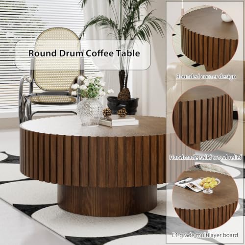 Round Fluted Drum Coffee Table with Pedestal Base | 31.5'' Modern Brown Wooden Drum Center Table, Handcrafted Solid Wood Fluted Edge, For Living Room & Apartment - color: Round Brown
