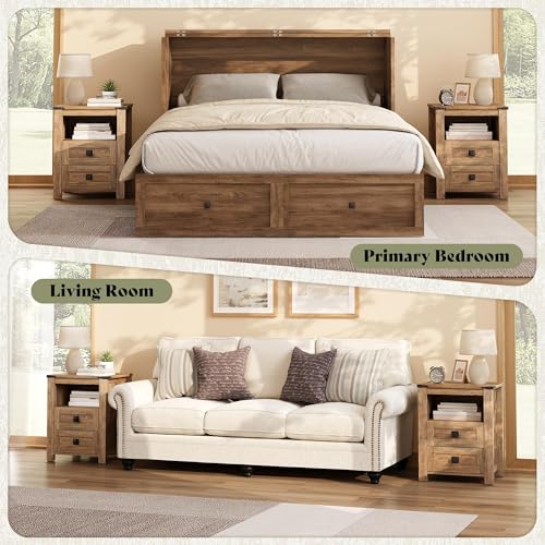 AMERLIFE Farmhouse Wood Nightstand Set of 2, End Table with Drawers, Brown | Narrow/Small 18" Bedside Table with Open Shelf, Wooden Night Stand for Bedroom/Home Office, Rustic Honey Brown - color: Honey Brown