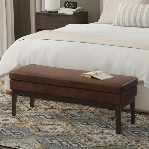 SIMPLIHOME Carlson 45" Wide Vegan Leather Rectangle Ottoman in Brown | Distressed chestnut brown, mid-century modern ottoman bench with a padded seat; footstool, footrest, or bedroom bench. - color: Distressed Chestnut Brown, style: Ottoman Bench