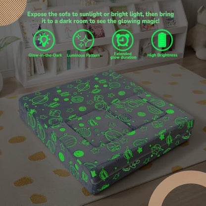 MeMoreCool Glow Modular Kids Couch, Blue Space | modular foam seating, removable washable cover, space glow design, lightweight pieces, playroom furniture - color: Space Astronaut