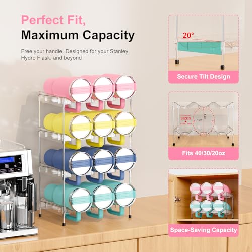Reusable Stackable with Handle Compartment Water Bottle Tumbler Organizer for Stanley 40oz with Handle Cup, Stanley Accessories for Pantry, Cabinet & Kitchen Organization and Storage,4 Tier Hold 12 - size: 12-Bottle