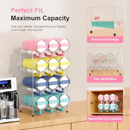 Reusable Stackable with Handle Compartment Water Bottle Tumbler Organizer for Stanley 40oz with Handle Cup, Stanley Accessories for Pantry, Cabinet & Kitchen Organization and Storage,4 Tier Hold 12 - size: 12-Bottle