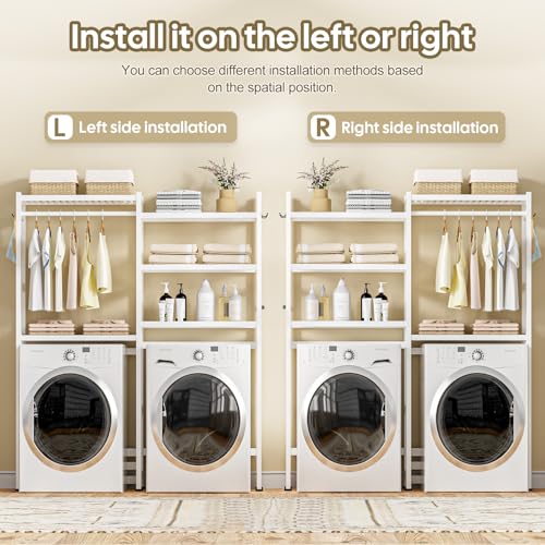 Cozivolife Over The Washer Dryer Storage Shelf: Bamboo 5 Tiers (White) | Laundry Room Drying Rack with Adjustable Shelves and 4 Hooks - Space Saver Organizer for Hanging Clothes and Towels - color: White