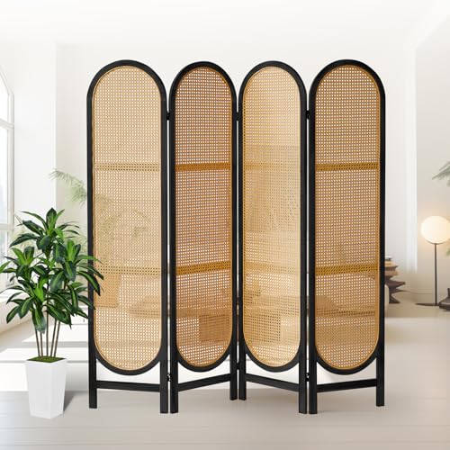 4 Panel Rattan Room Divider, Folding Room Divider Screen, Black | Pine Wood Frame Freestanding Privacy Screen, Arched Room Separator for Bedroom Office, Light-Filtering Privacy, Easy to Move - color: 4 Panels Black Natural, size: 4 Panels