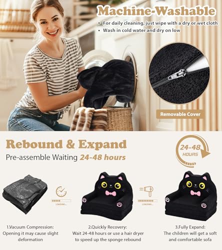 Foryoomi Kids Couch, 2-in-1 Soft Toddler Couch Fold Out with Blanket, Chair Comfy, Foldable Convertible Plush Sofa, Gifts for Kids Girl Boys, Black Cat - color: Black