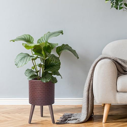 D'vine Dev Planter Pot with Wood Stand, 10 in, Espresso, 88-Z-B-6 | Mid-Century Modern Style, Elevated Plant Display, Drainage Hole and Plug, Functional & Stylish, Modern Indoor Planter - color: Espresso, size: Medium
