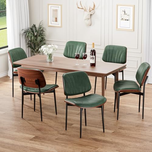 Dining Chairs Set of 2, Mid-Century Modern Upholstered PU Leather Chairs | with Walnut Bentwood Back and Metal Legs Adjustable Feet for Kitchen Dining Room, Dark Green Shell Strips - color: Dark Green Shell Strips