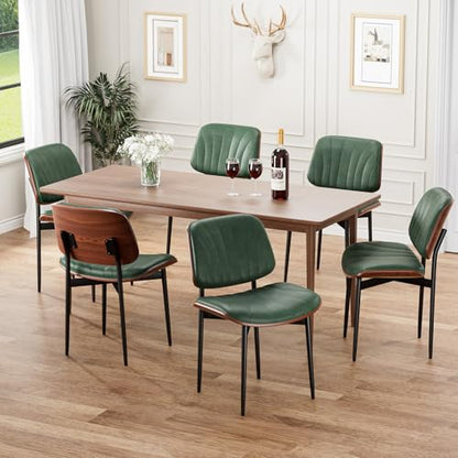 Dining Chairs Set of 2, Mid-Century Modern Upholstered PU Leather Chairs | with Walnut Bentwood Back and Metal Legs Adjustable Feet for Kitchen Dining Room, Dark Green Shell Strips - color: Dark Green Shell Strips