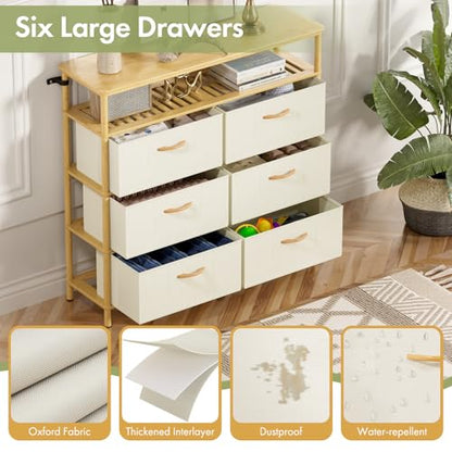 Solid Wood Dresser, Dresser with 6 Drawers, Solid Bamboo Frame Paired with Fabric Storage Boxes, Large Capacity, Stable and Durable, Versatile Style, for Bedrooms, Living Rooms, and Hallways - size: 11.8"D x 39.4"W x 37.8"H (6 Drawers)