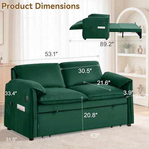63" 3-in-1 Velvet Convertible Sleeper Sofa Bed, Modern Adjustable Backrest Loveseat Pull Out Couch with USB & Side Pocket, Small Space Love Seat Sofa Bed for Living Room, Bedroom, Green Velvet - color: Green