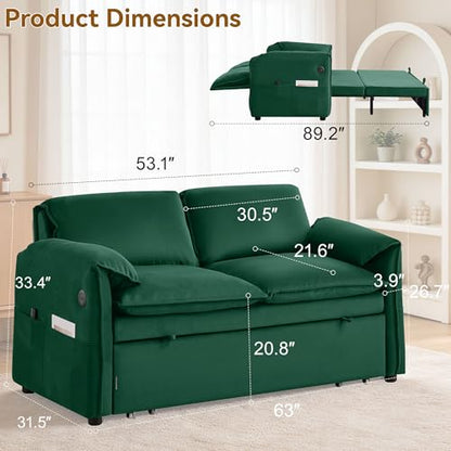 63" 3-in-1 Velvet Convertible Sleeper Sofa Bed, Modern Adjustable Backrest Loveseat Pull Out Couch with USB & Side Pocket, Small Space Love Seat Sofa Bed for Living Room, Bedroom, Green Velvet - color: Green