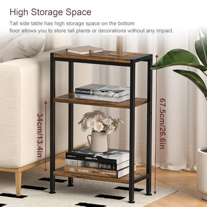 Narrow Side Table set of 2 for Small Space, 3 Tier Slim End Table, Thin Nightstand, Skinny Snack Couch Table, Sofa bedside Table in Living Room, Bedroom, Study, kitchen and Balcony (Rustic Brown) - color: Rustic Brown, size: 3-Tier (7.9''D*17''W*26.6''H)