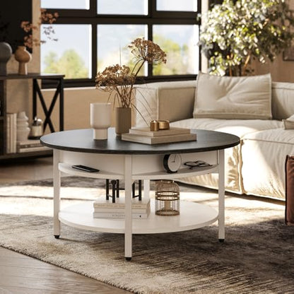 FABATO 26.77” Round Lift Top Coffee Table with Storage, White | Farmhouse Coffee Table, 2 Tier Small Round Center Table, Center Table for Living Room, Circle Dining Table - color: Antique White
