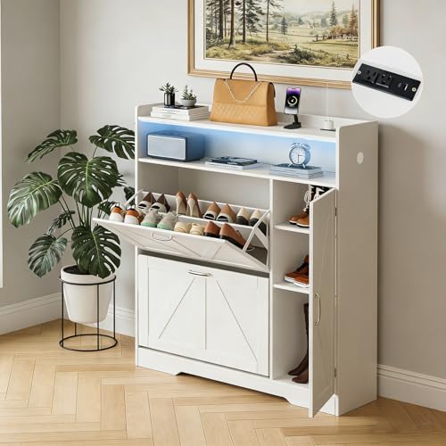 Artswish Large Shoe Storage Cabinet for Entryway with 2 Flip Drawers and Power Outlet, Sturdy Wood Hidden Freestanding Narrow Slim Shoe Organizer for Front Door Entrance, Living Room, Hallway, White - size: 2 Drawers + Boot Cabinet