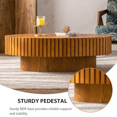 Oval Fluted Drum Coffee Table with Pedestal Base | 43.3'' Modern Wooden Drum Center Table, Handcrafted Solid Wood Fluted Edge, For Living Room & Apartment - color: Oval Wood