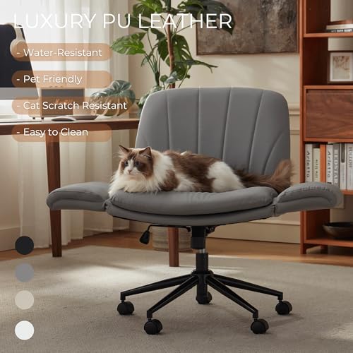 Dowinx Criss Cross Chair with Five-Level Adjustable Arms and Wheels - Comfortable Ergonomic PU Leather Swivel Vanity Chair - Computer Makeup Gaming Chair for Home Office,Bedroom,Vanity Room-Light Grey - color: Light Grey