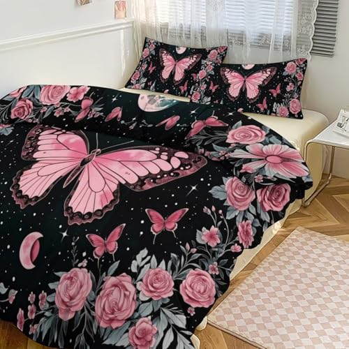 Boho Pink Butterfly Moon & Roses 3 Piece Reversible Bedding Set 79"x90",Double Sided Brushed Microfiber Duvet Cover Set with 2 Pillowcases Soft Breathable Comforter Cover for Home - color: Boho Pink Butterfly Moon & Roses, size: 79"x90"
