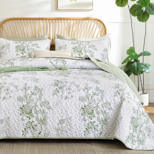 WONGS BEDDING Floral Quilt Set Full,Green Botanical Pattern Quilts Bedspread Coverlet Set for Women Teen Girls, Soft Microfiber Cottagecore Bedding Set for Summer 78"×90" - color: Green, size: Full