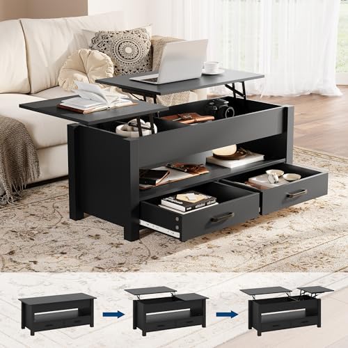 Multifunctional Lift Top Coffee Table, Convertible Wooden Coffee Table with 2 Drawers & Hidden Compartment, Storage Center Table for Living Room Home Office,Black - color: Black